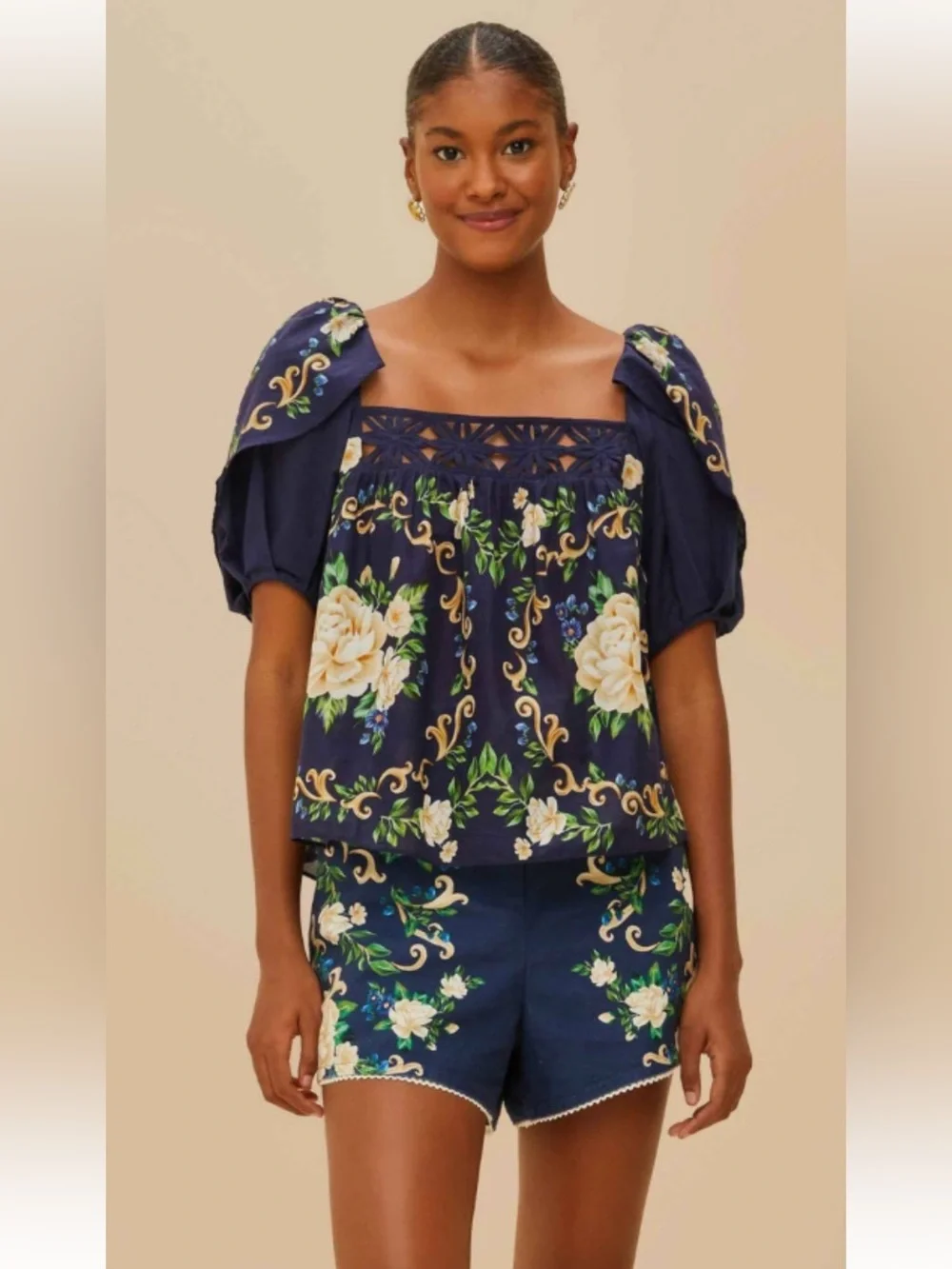 Farm Rio FLOWER TAPESTRY BLUE FLOWERED YOKE BLOUSE Size XSmall